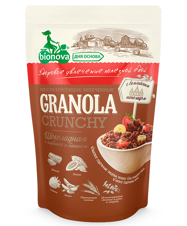 Гранола (мюсли) Bionova® шоколадная с клубникой и бананом 400г